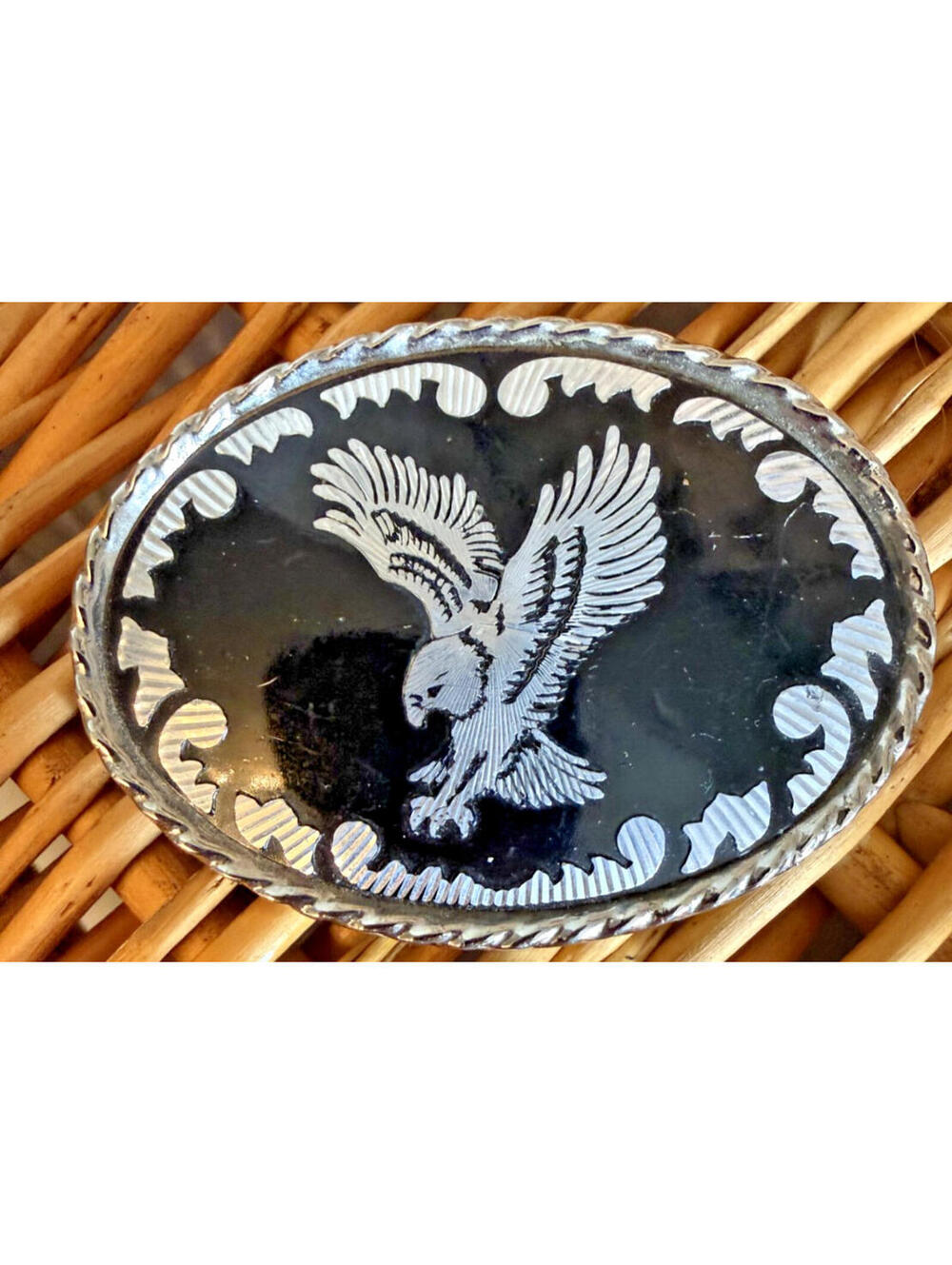 Vintage USA Eagle Belt Buckle Black Enamel Silver Tone Western Biker Style